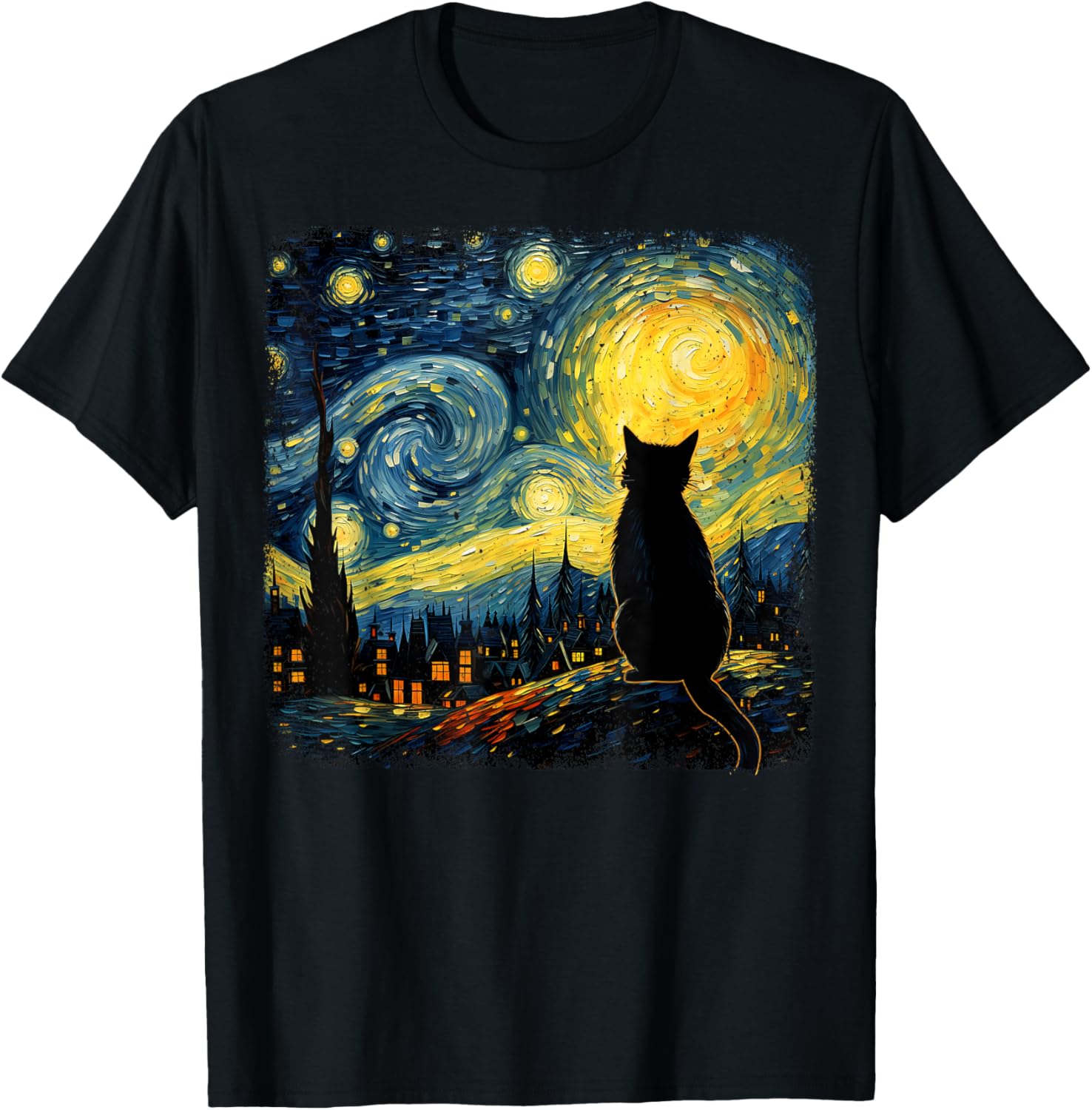 Cat Art T-Shirt Starry Night Style Funny Cat Lover