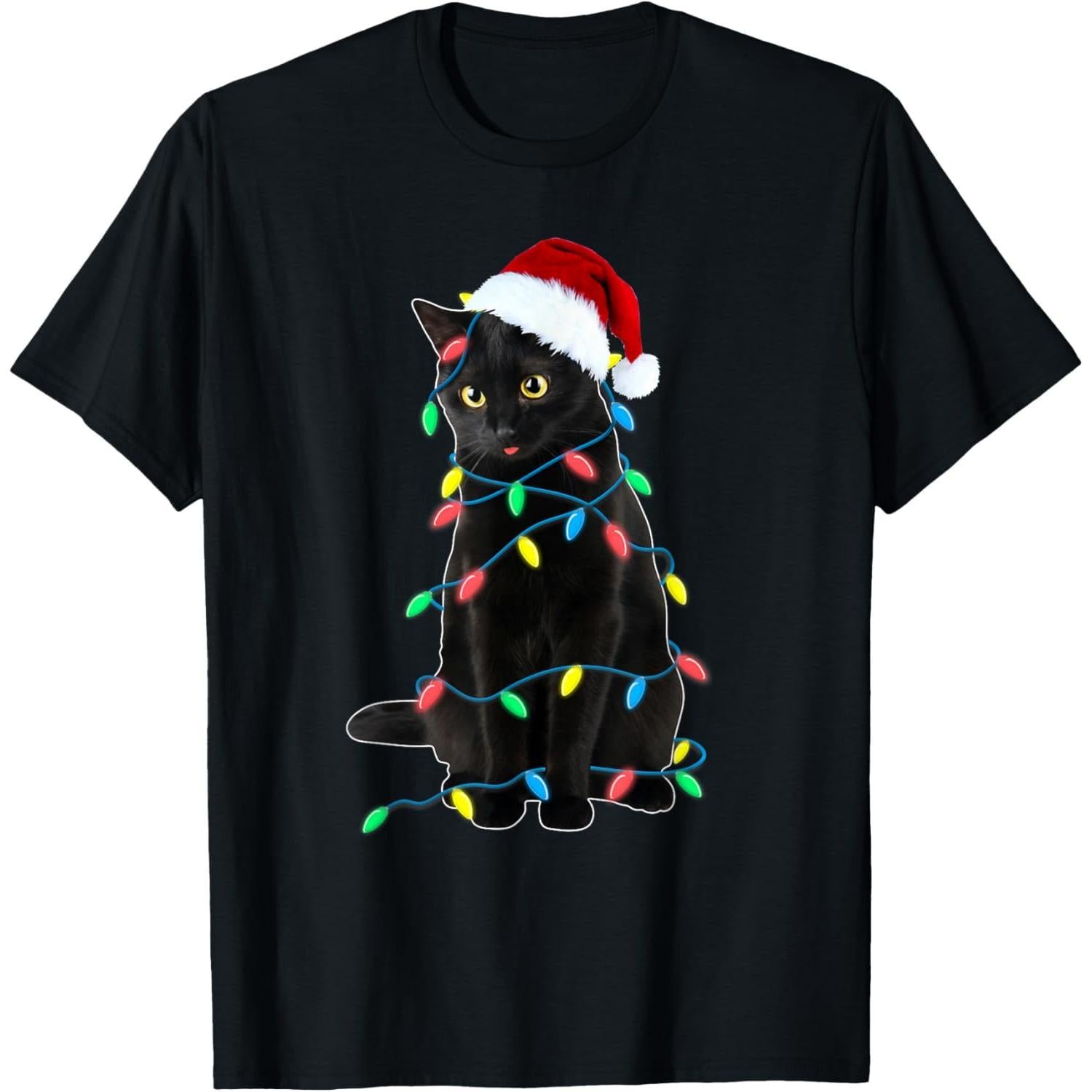Black Cat Christmas Tree Lights Funny Santa Kitten Led Light T-Shirt