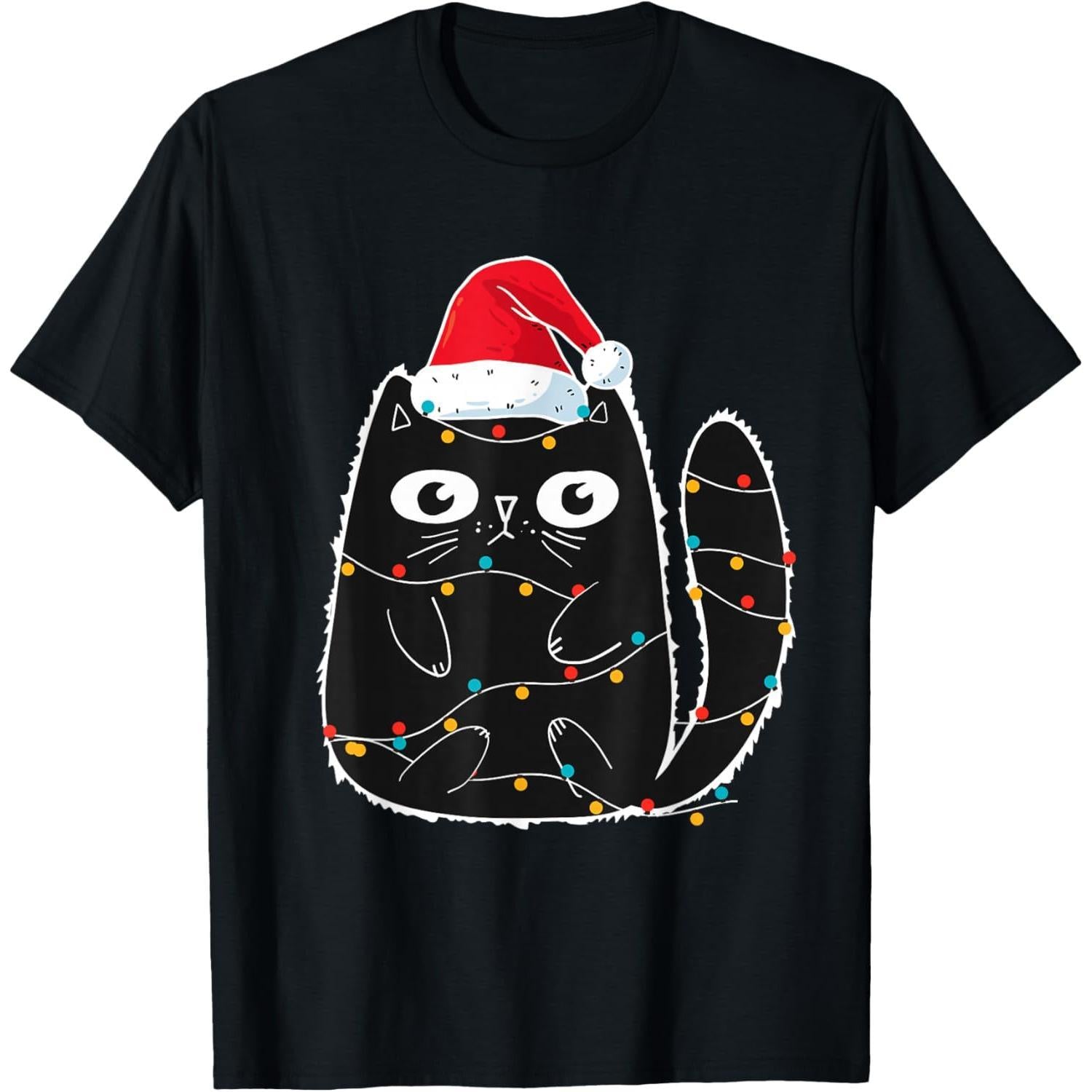 Cute Black Cat Santa Christmas Lights Meow Kitty Kitten Xmas T-Shirt,Graphic Unisex Shirt