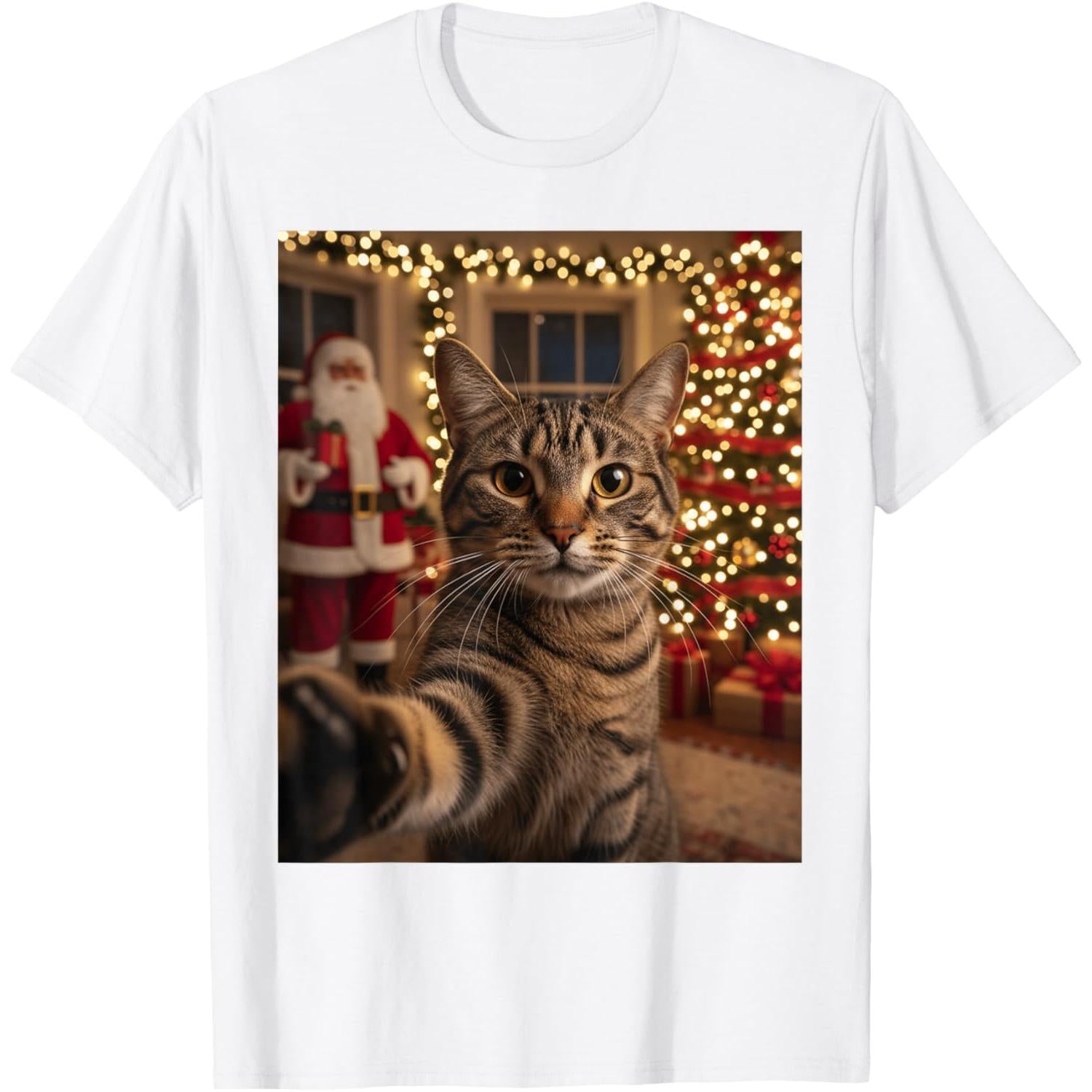 Christmas Cat Selfie with Santa Funny Xmas Holiday Graphic Unisex Shirt