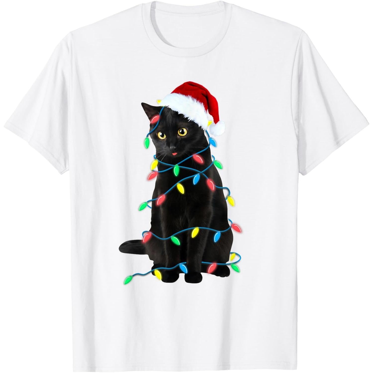 Black Cat Christmas Tree Lights Funny Santa Kitten Led Light T-Shirt