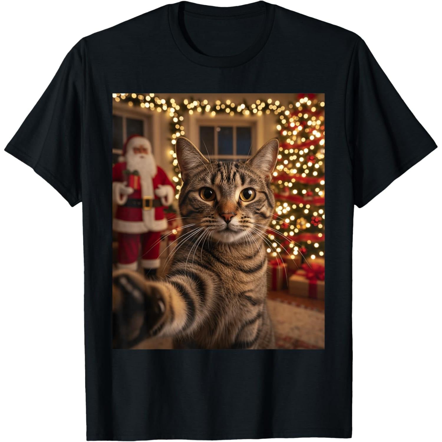 Christmas Cat Selfie with Santa Funny Xmas Holiday Graphic Unisex Shirt